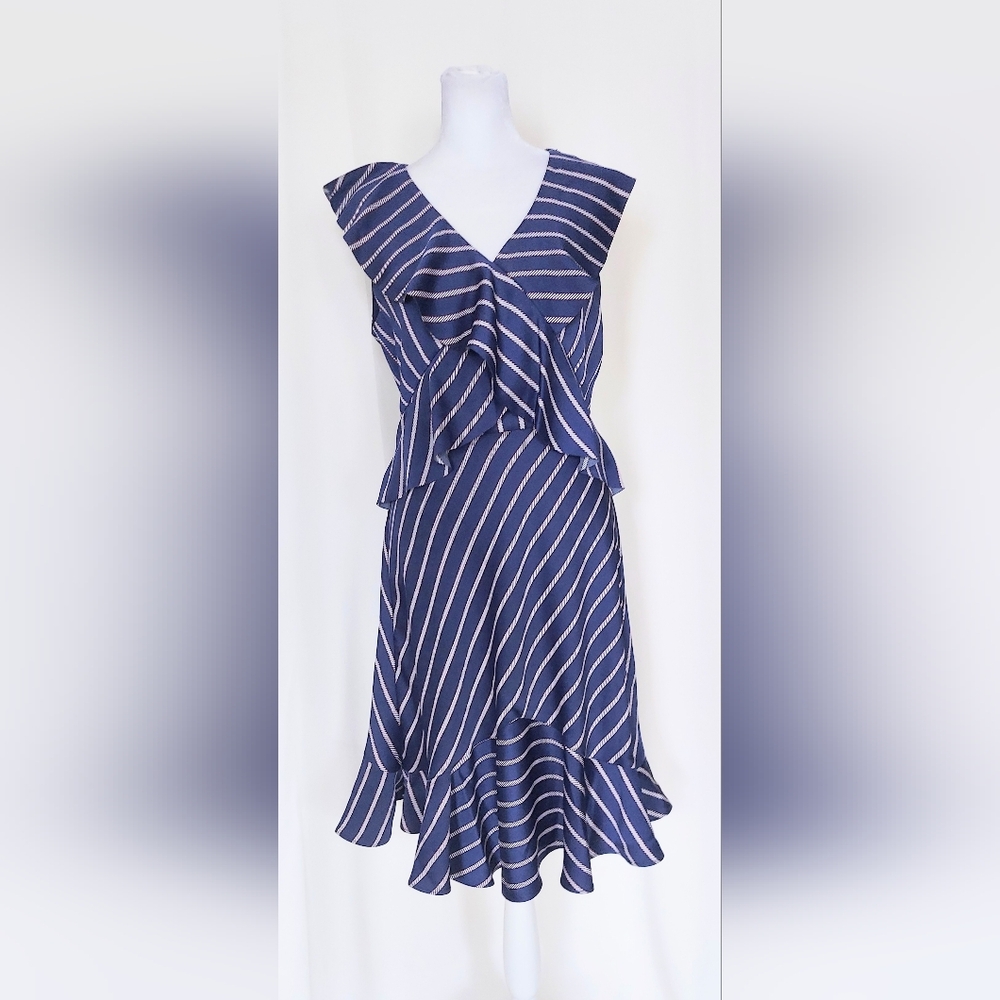 Banana Republic Ruffle Flounce Hem Cross Dress Blue White Stripes Size 4